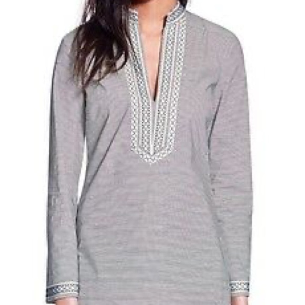 Tory Burch Size 2 Skinny Strip 3/4 Length Sleeve Tunic Dress in Navy and White